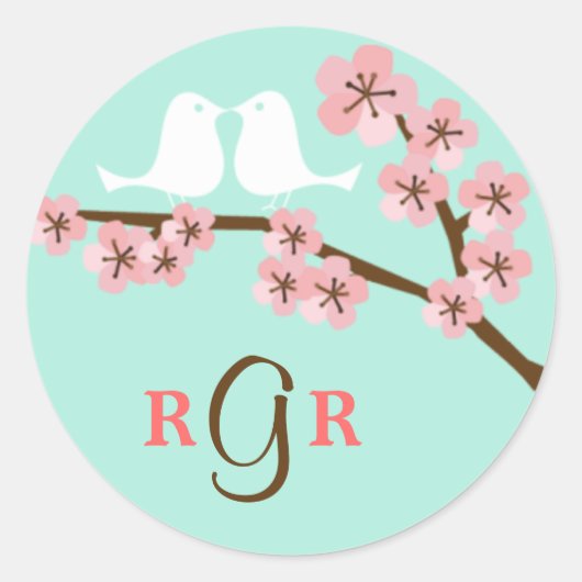 Mint Groen & Roze Kersenbloesem Moderne bruiloft Ronde Sticker (Voorkant)