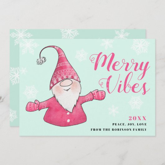 Mint Groen Roze Schattige Gnome Merry Vibes Christ Feestdagenkaart (Voorkant / Achterkant)