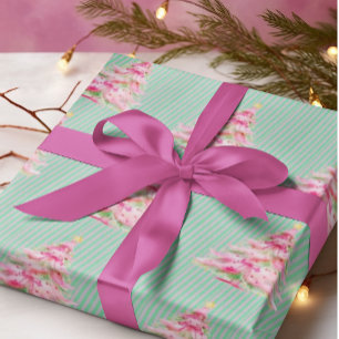  Mint Groen Roze Streep Kerstboom Cadeaupapier