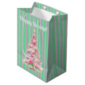 Mint Groen Roze Streep Kerstboom Medium Cadeauzakje (Voorkant Gekanteld)