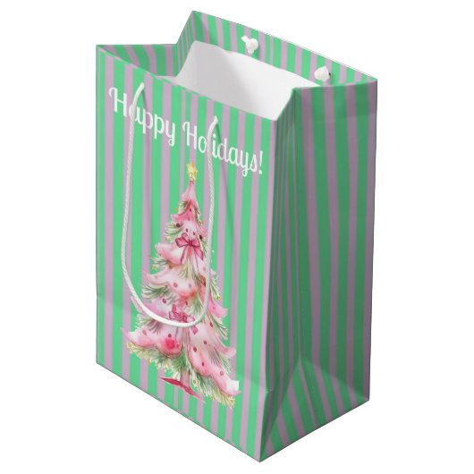 Mint Groen Roze Streep Kerstboom Medium Cadeauzakje (Voorkant Gekanteld)
