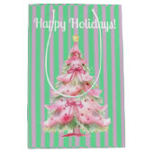 Mint Groen Roze Streep Kerstboom Medium Cadeauzakje (Voorkant)