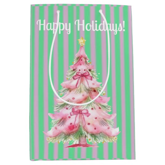 Mint Groen Roze Streep Kerstboom Medium Cadeauzakje (Voorkant)
