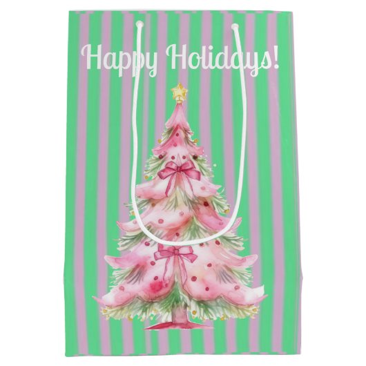 Mint Groen Roze Streep Kerstboom Medium Cadeauzakje (Achterkant)