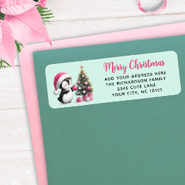 Mint Groen Roze Vrolijk Kerstplezier Penguin Moder Etiket