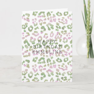 Mint Groen Roze Waterverf Luipaard Print Verjaarda Kaart
