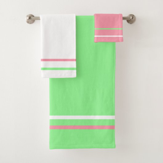 Mint Groen Roze Wit Strepen Geometrisch Patroon Bad Handdoek (Insitu)