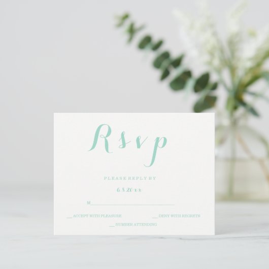 Mint groen script bruiloft rsvp briefkaarten (Staand voorkant)