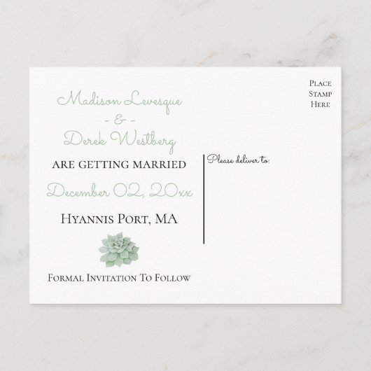 Mint Groen Sla de datum Succulent Cactus bruiloft Aankondigingskaart (Achterkant)
