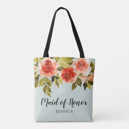 Mint Groen Waterverf Bloemen Maid of Honor Tote Bag (Achterkant)