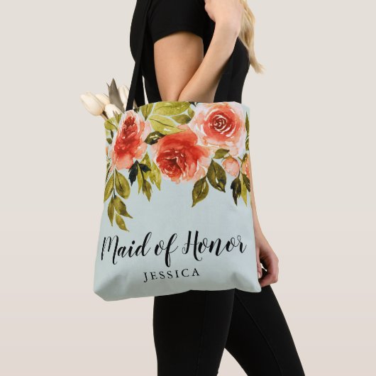 Mint Groen Waterverf Bloemen Maid of Honor Tote Bag (Dichtbij)