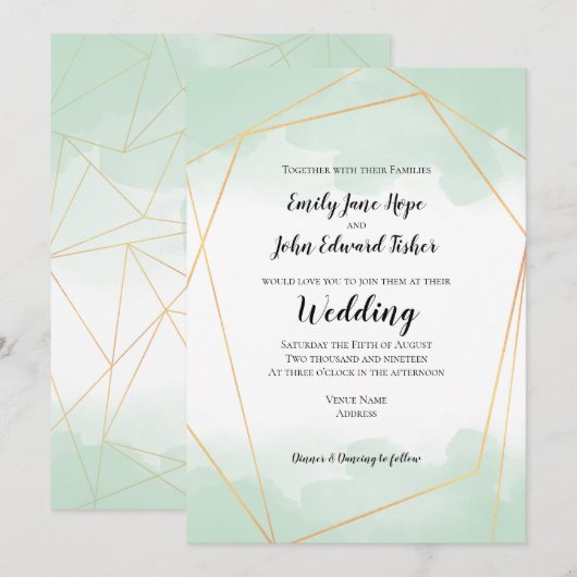 Mint Groen Waterverf Goud Geometrisch Lijst Bruilo Kaart (Voorkant / Achterkant)