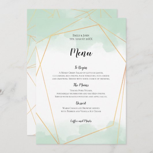 Mint Groen Waterverf Goud Geometrisch Lijst Bruilo Menu (Voorkant / Achterkant)