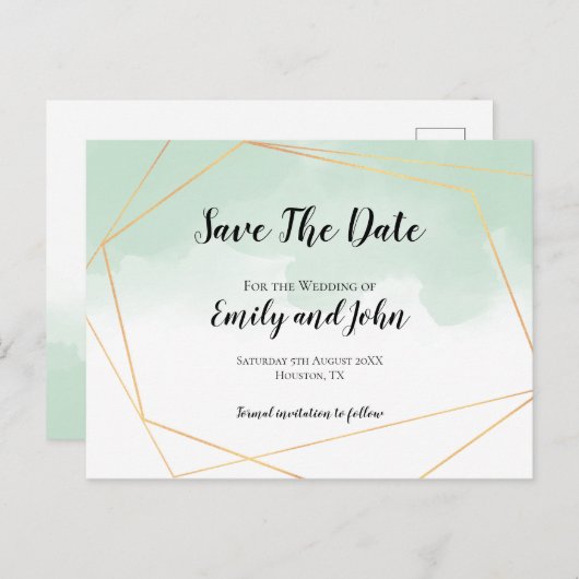 Mint Groen Waterverf Goud Geometrisch Sla de datum Briefkaart (Voorkant / Achterkant)