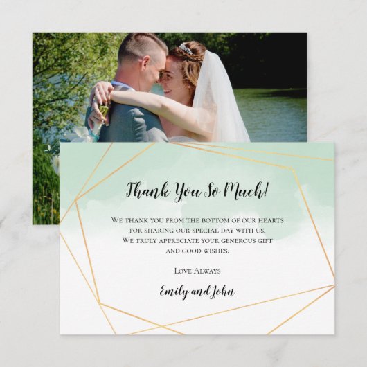 Mint Groen Waterverf Goud Geometrische Foto Bedankkaart (Voorkant / Achterkant)