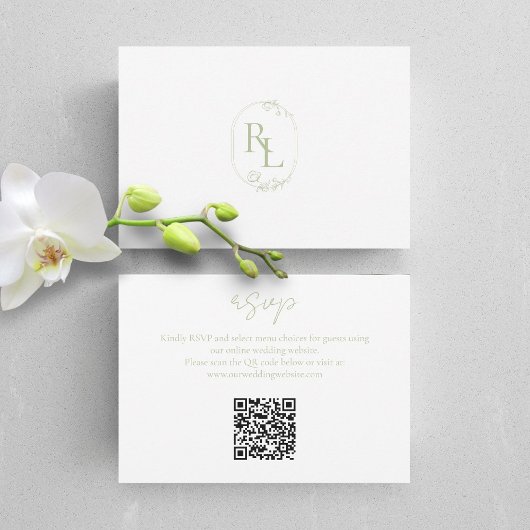 Mint Groen & Wit Bloemen Monogram QR Bruiloft RSVP Kaartje