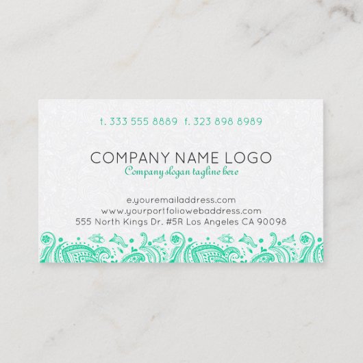 Mint-groen & wit bloemig Paisley Kant Visitekaartje (Achterkant)