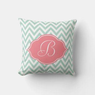Mint Groen Wit Chevron Licht Roze Monogram Kussen