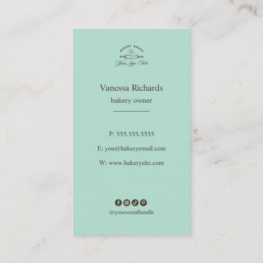 Mint Groen Wit Franse Bakkerij Logo Groot Gestreep Visitekaartje (Achterkant)