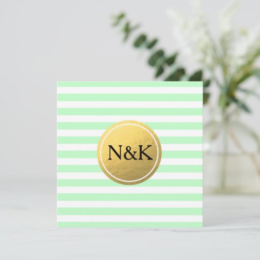 Mint groen & Wit Gestreepte Gouden Folie Uitnodigi Kaart (Staand voorkant)