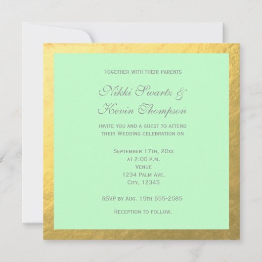 Mint groen & Wit Gestreepte Gouden Folie Uitnodigi Kaart (Achterkant)
