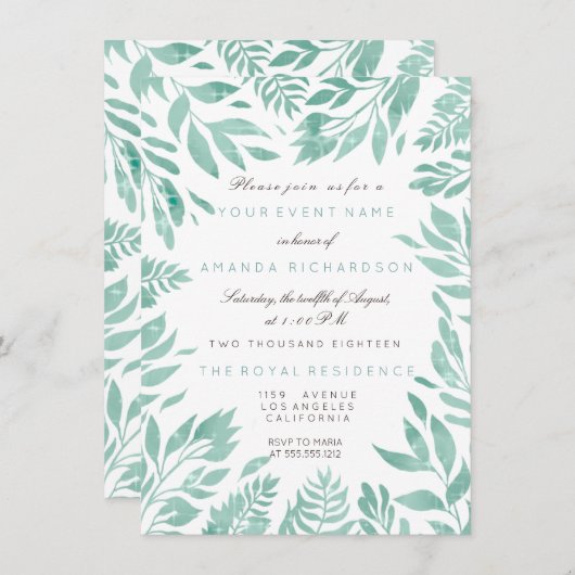 Mint Groen Wit Glitter Leafs Bloemen Lijst Kaart (Voorkant / Achterkant)