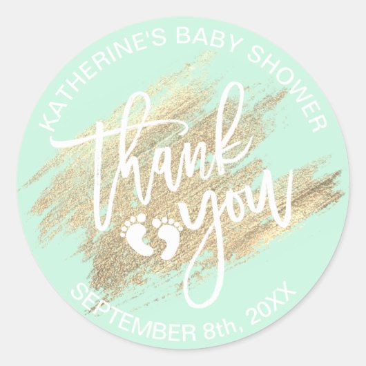 Mint Groen Wit Goud Brush Stroke Baby shower Ronde Sticker (Voorkant)