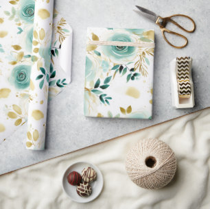 Mint Groen Wit Goud Roos Bloemen Cadeaupapier