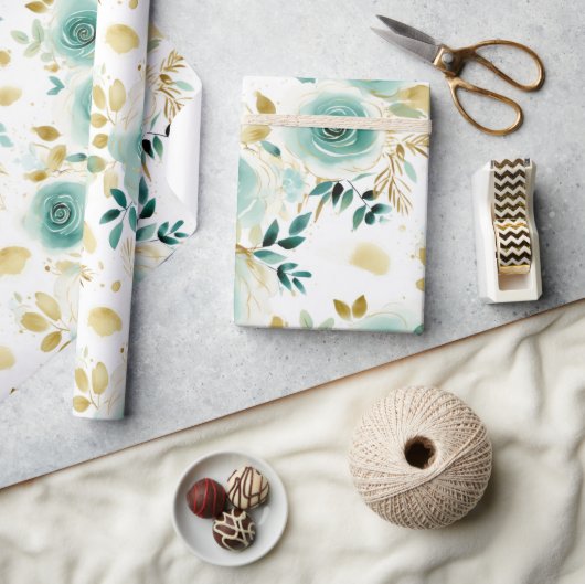 Mint Groen Wit Goud Roos Bloemen Cadeaupapier (Crafts)