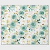 Mint Groen Wit Goud Roos Bloemen Cadeaupapier (Vlak)