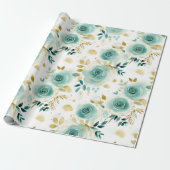 Mint Groen Wit Goud Roos Bloemen Cadeaupapier (Uitgerold)