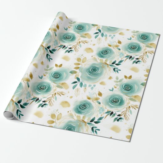 Mint Groen Wit Goud Roos Bloemen Cadeaupapier (Uitgerold)