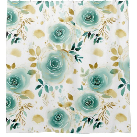 Mint Groen Wit Goud Roos Bloemen Douchegordijn (Voorkant)