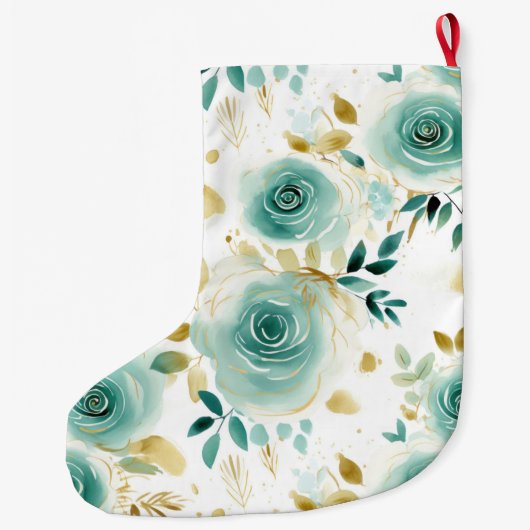 Mint Groen Wit Goud Roos Bloemen Grote Kerstsok (Achterkant)