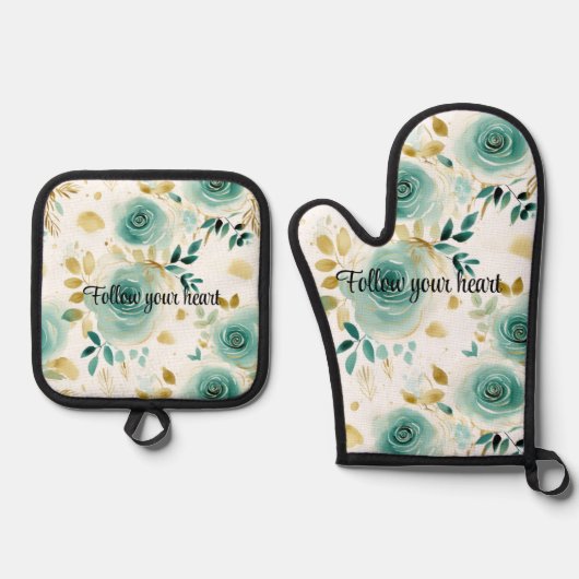 Mint Groen Wit Goud Roos Bloemen Ovenwant & Pannenlap Set (Voorkant)