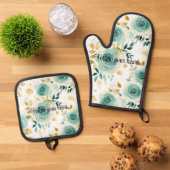 Mint Groen Wit Goud Roos Bloemen Ovenwant & Pannenlap Set (Top down)