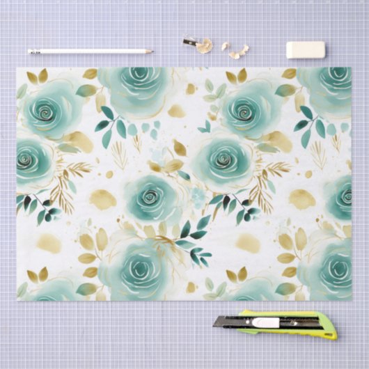Mint Groen Wit Goud Roos Bloemen Tissuepapier (Craft)