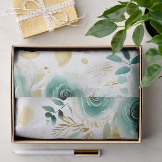 Mint Groen Wit Goud Roos Bloemen Tissuepapier (Geschenk)