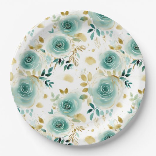 Mint Groen Wit Goud Roos Bloemen Vrijgezellenfeest Papieren Bordje (Voorkant)