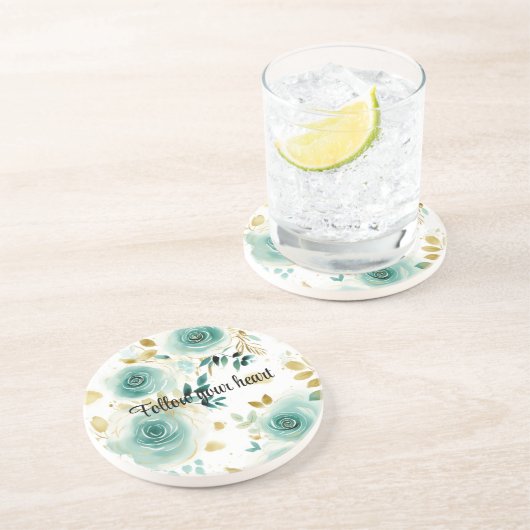 Mint Groen Wit Goud Roos Bloemen Zandsteen Onderzetter (Zijkant)