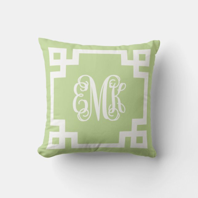 Mint Groen Wit Grieks Sleutelschrift Monogram Kussen (Voorkant)