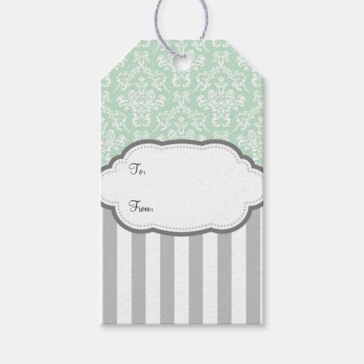 Mint Groen Wit Grijs Damast Streep Cadeau Labels Cadeaulabel (Voorkant)
