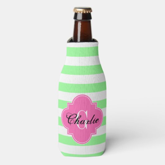 Mint Groen Wit Horiz Stripe HP Naam Init Monogram Flesjeskoeler (Fles Voorkant)