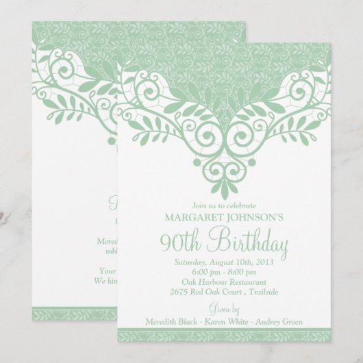 Mint Groen Wit Kant 90ste Verjaardag Kaart (Voorkant / Achterkant)