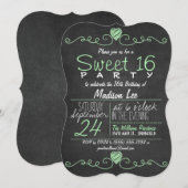 Mint Groen, Wit Krijtbord Rustiek Sweet 16 Party Kaart (Voorkant / Achterkant)