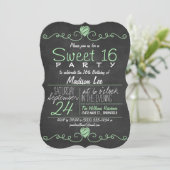 Mint Groen, Wit Krijtbord Rustiek Sweet 16 Party Kaart (Staand voorkant)