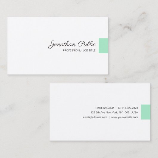 Mint Groen Wit Modern Handgeschreven Script Naam Visitekaartje (Voorkant / Achterkant)