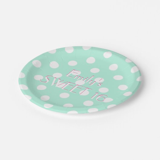 Mint groen wit polka dot papier bord (Gekanteld)