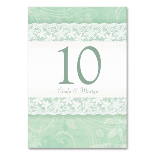 Mint groen witte kant print trouwtafel nummer kaart (Achterkant)