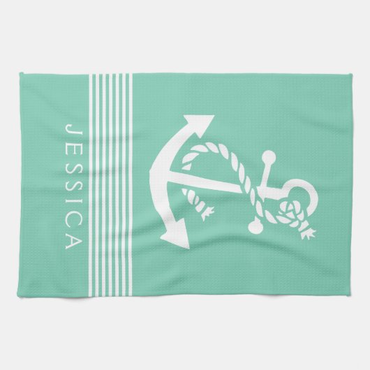 Mint-groen & witte strepen met nautisch anker theedoek (Horizontaal)